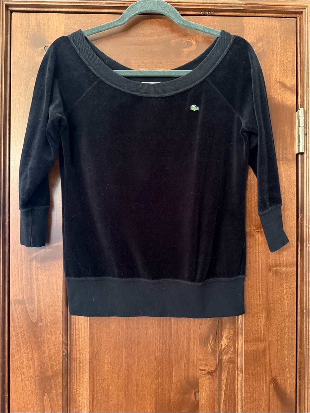 Lacoste Black Velvet Short Sleeve Top with Green Crocodile Logo